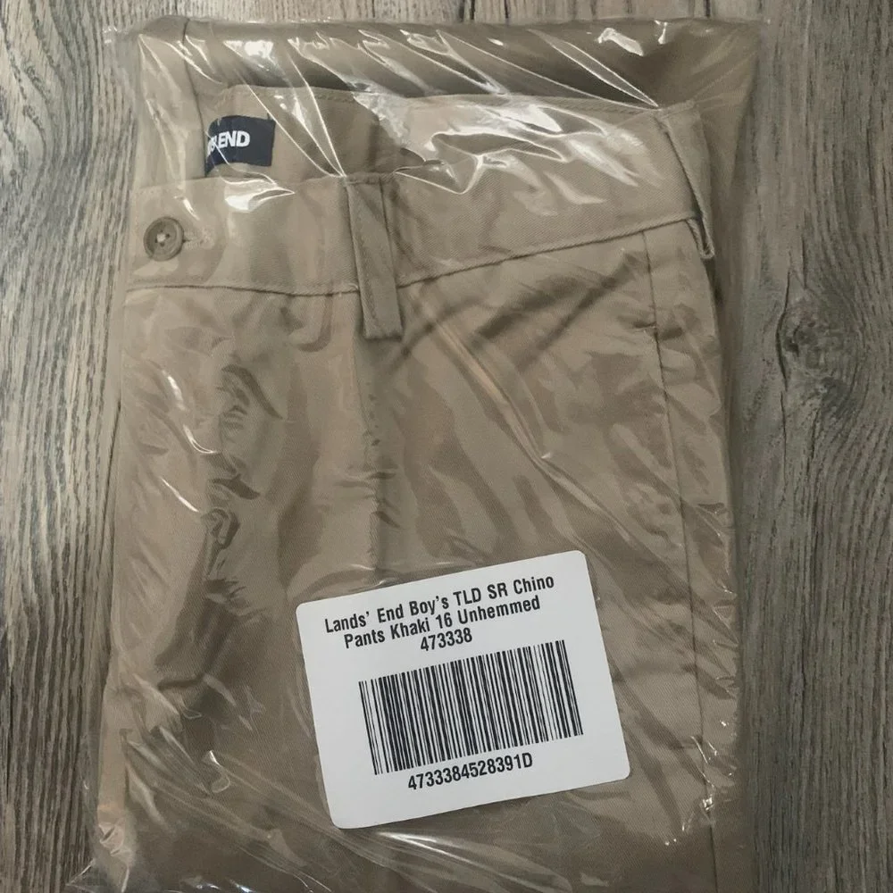 NWT LANDS' END BOY'S TAILORED STAIN RESISTANT CHINO PANTS KHAKI 16 UNHEMMED